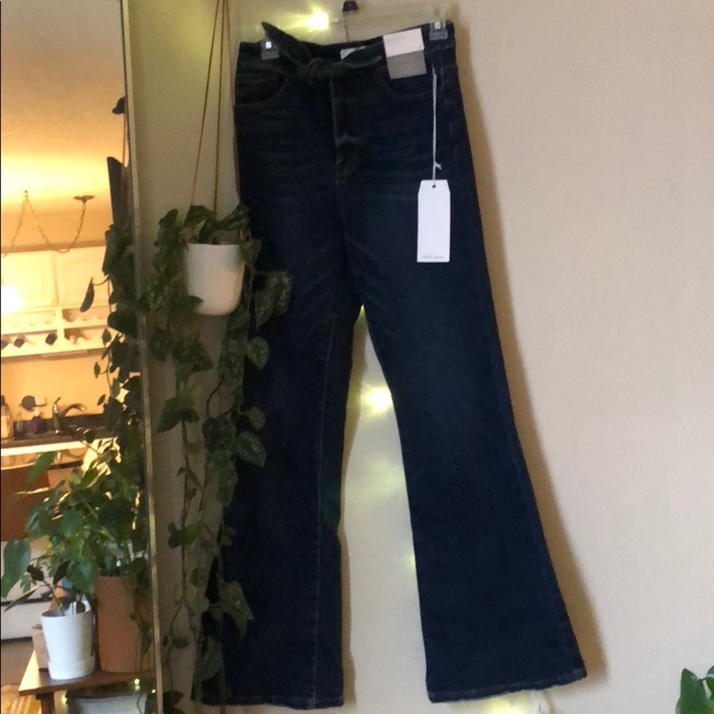 Flare Denim Jeans with High Waist Tie Detail